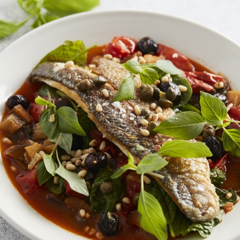 Italian ‘Caponata’ Vegetable Stew with Crispy Sea Bass (Mediterranean Keto)