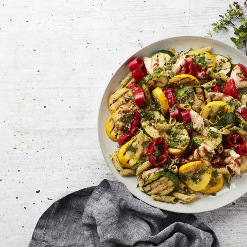 Pasta Pesto with Chicken and Grilled Vegetables