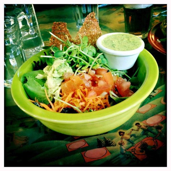 Raw Vegan Avocado Salad with Flax Crackers at Café Gratitude in San Francisco