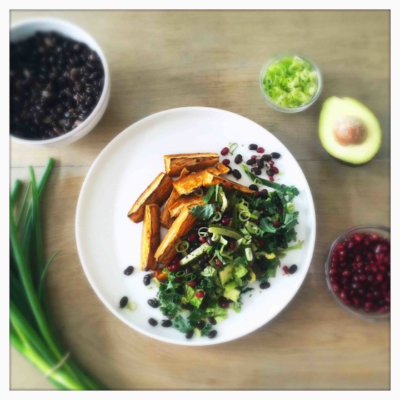 Black Bean Salad with Oven-Baked Sweet Potato & Zucchini Fries