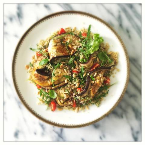 Basil Quinoa Salad with Roasted Eggplant and Tomato