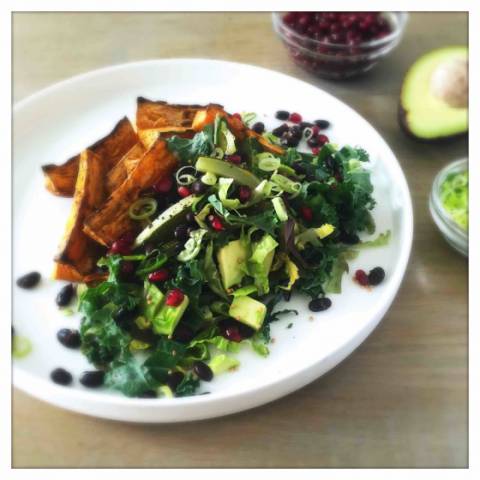 Black Bean Salad with Oven-Baked Sweet Potato & Zucchini Fries