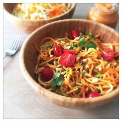Carrot & Zucchini Pasta with Tomato Coconut Curry Sauce