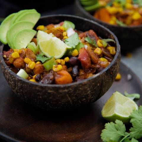 Chili Sin Carne with Sour Cashew Cream and Avocado (Vegan, Gluten Free + High Fat Low Carb Keto Options)