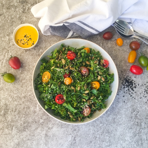 Keto Holiday Recipe: Easy Kale Salad with Turmeric Tahini Dressing