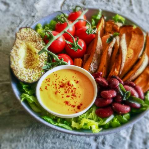 Mexican Taco Bowl with Sweet Potato Fries and Smoky Beans