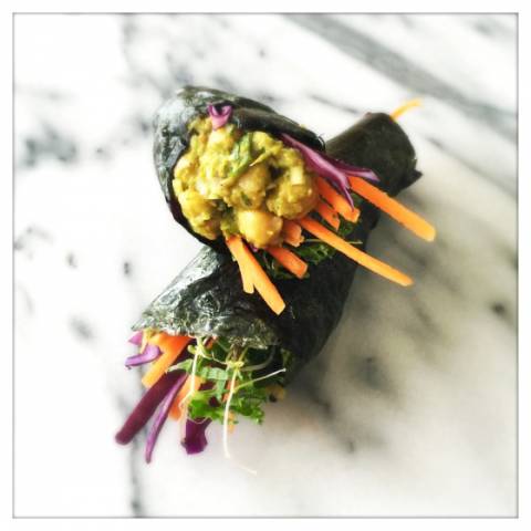 Nori Hand Rolls with Curried Avocado Chickpea Dip (Temaki Sushi)