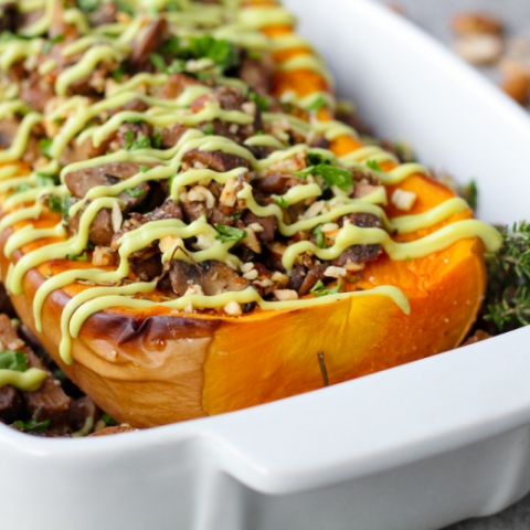Roasted Butternut Squash with Mushroom Stuffing (Vegan Keto, Gluten Free, Low Carb, Paleo)