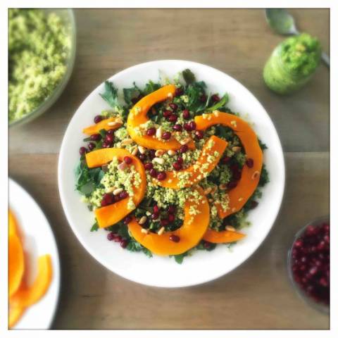 Roasted Pumpkin Quinoa Salad with Mint and Pea Pesto