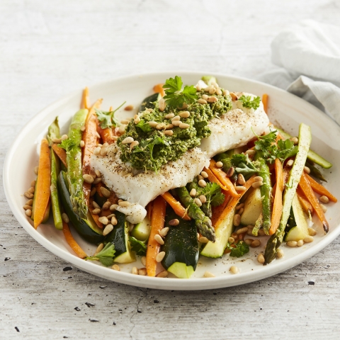 Vegetable Stacks with Feta + Fish with Pesto and Steamed Vegetables