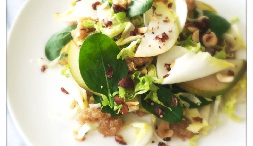 Belgian Endive Pear Salad with Amaranth & Hazelnut