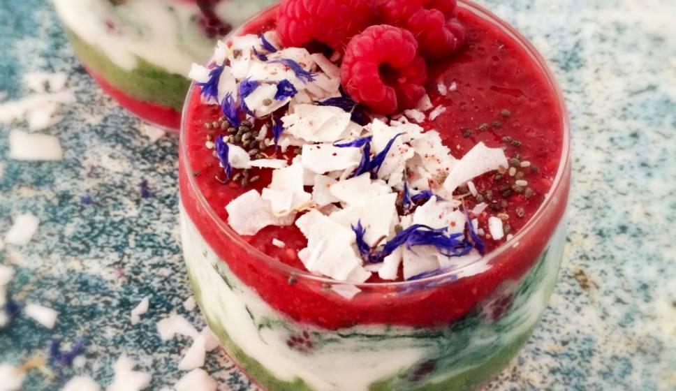 Healthy Breakfast Parfait | Banana Ice Cream, Raspberry Chia Pudding & Coconut Yogurt