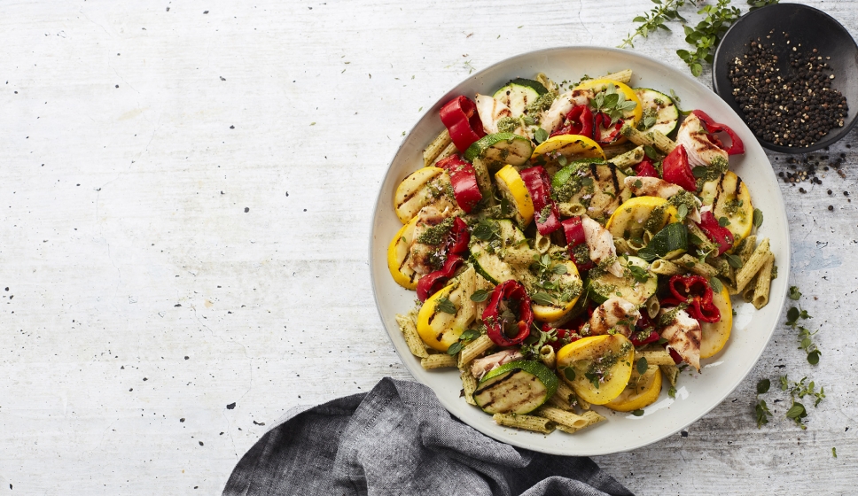 Pasta Pesto with Chicken and Grilled Vegetables