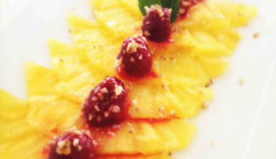 Pineapple Carpaccio with Marinated Raspberries & Candied Walnuts