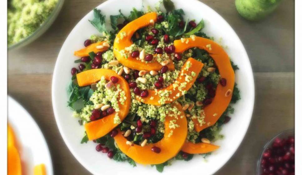 Roasted Pumpkin Quinoa Salad with Mint and Pea Pesto