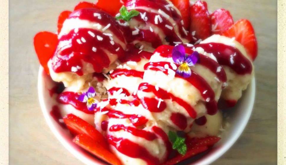 Strawberry Banana Ice Cream Sundae with Raspberry Mint Sauce