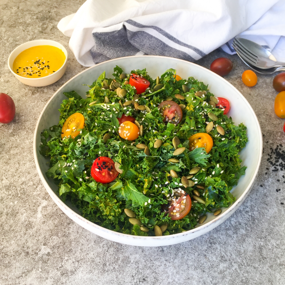 Easy Kale Salad with Turmeric Tahini Dressing (Vegan Keto, Low Carb, Paleo)