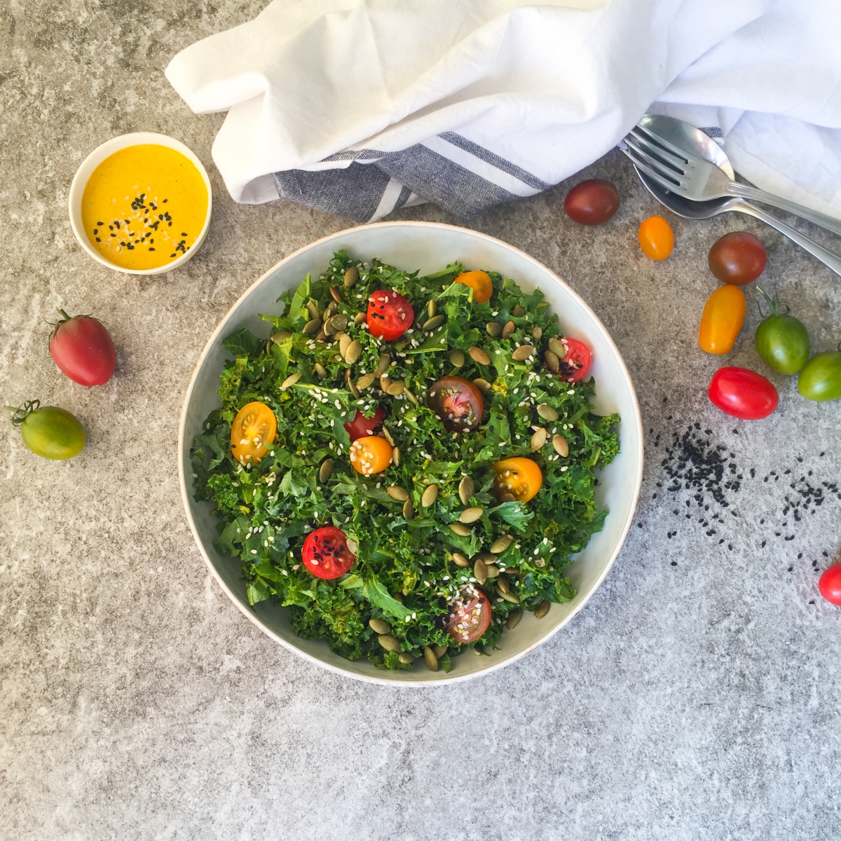 Easy Kale Salad with Turmeric Tahini Dressing (Vegan Keto, Low Carb, Paleo)