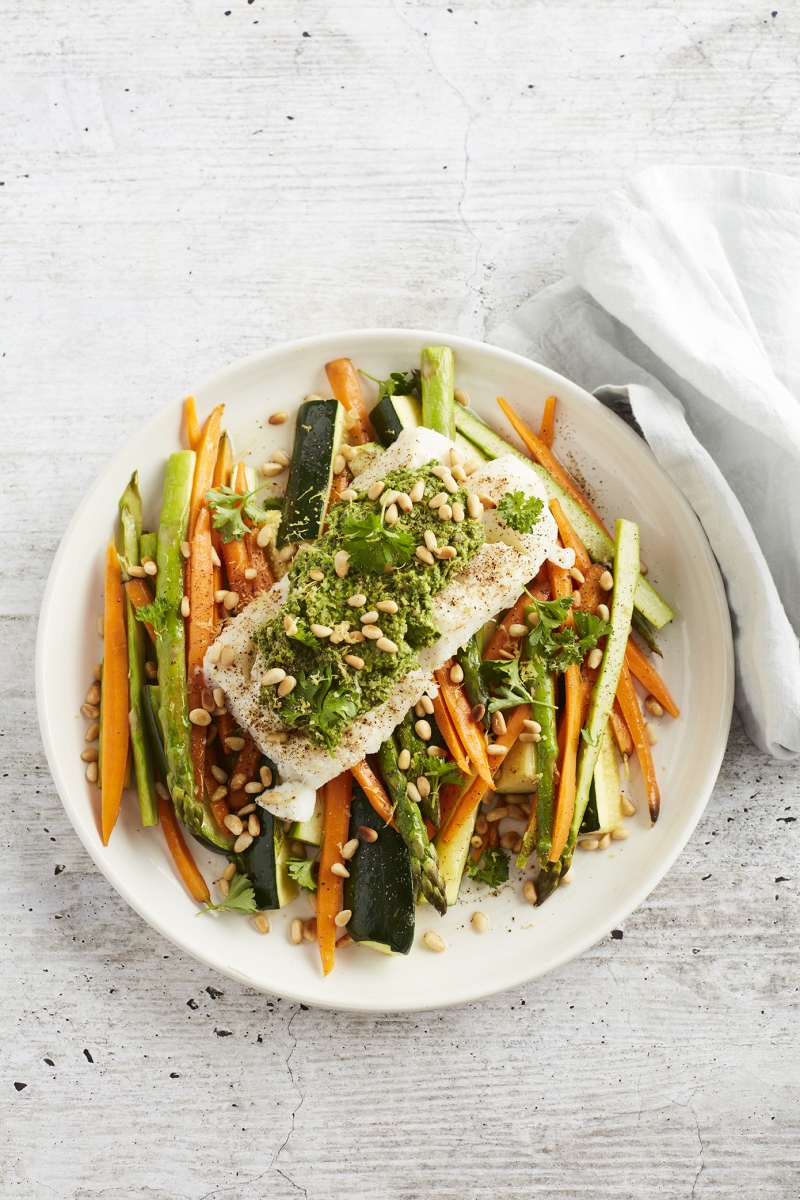 Low Carb Recipes for the Holidays: Vegetable Stacks with Feta + Fish with Pesto and Steamed Vegetables. Gluten free, Dairy free option. Philips Air Cooker.