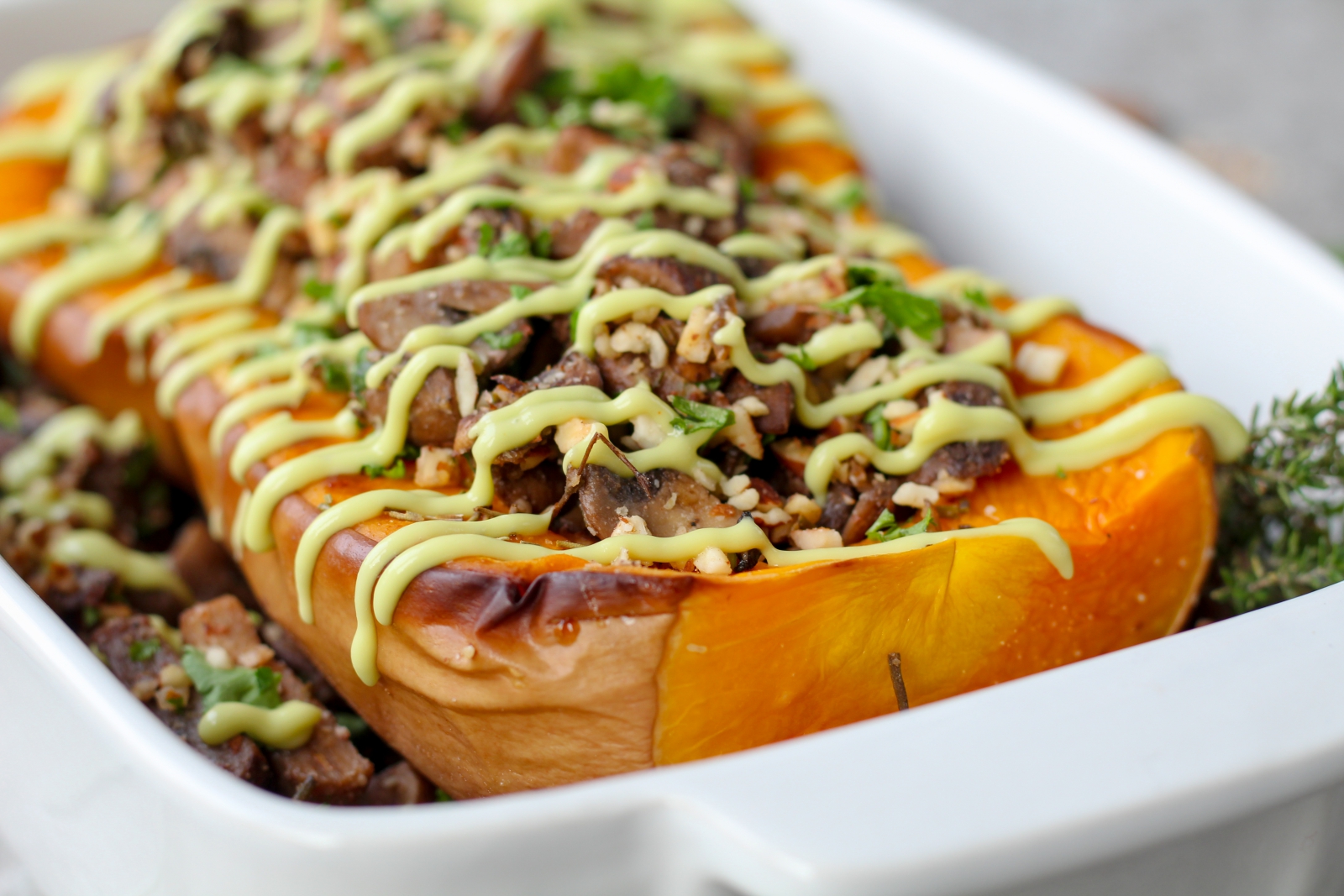 Roasted butternut squash with mushroom stuffing (higher carb)