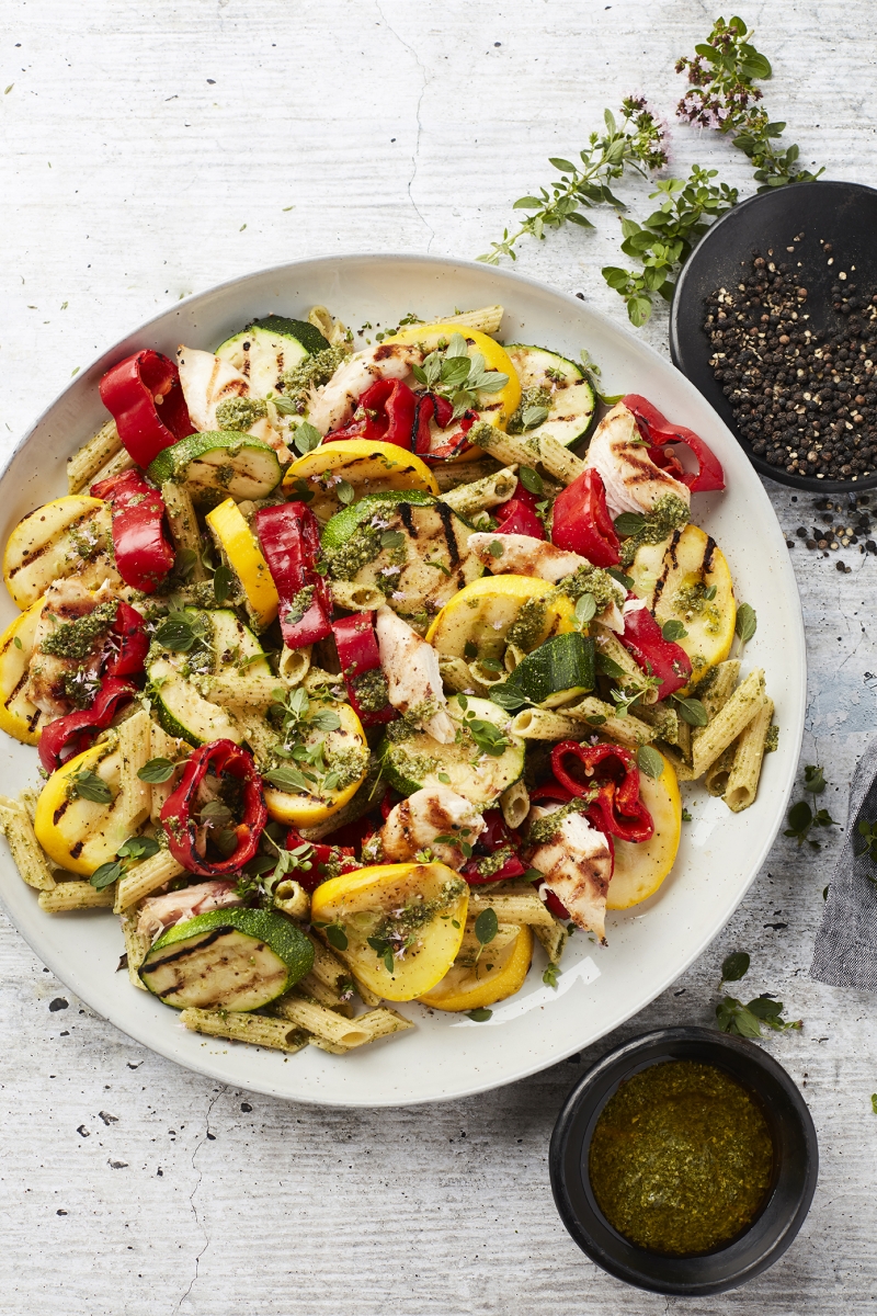 Low Carb High Protein Meal: Pasta Pesto with Chicken and Grilled Vegetables. Gluten Free, Dairy Free. With Vegan Options.