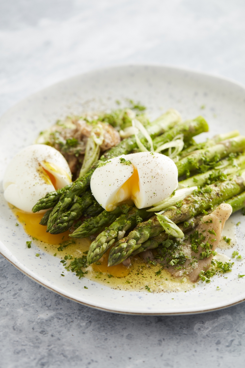 Asparagus A La Flamande with Eggs and Mushrooms