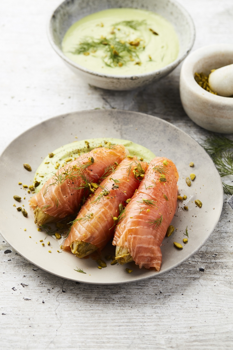 Easy Keto Meal: Smoked Salmon Rolls with Broccoli Mash. Low Carb, Gluten Free, Dairy Free.