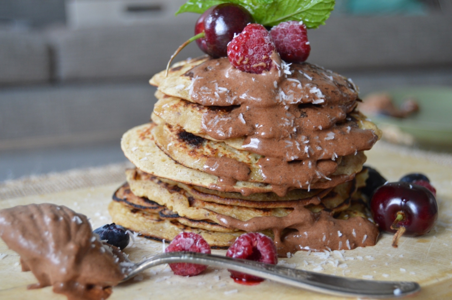 Vegan Chocolate Chip Pancakes with Coconut Cacao Sauce