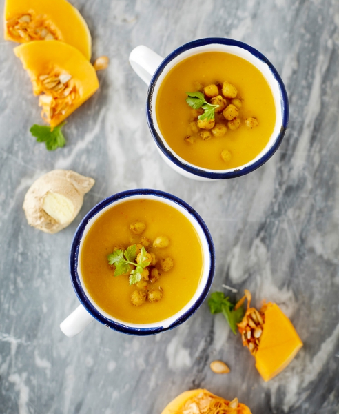 Vegan Holiday Menu: Ginger Pumpkin Soup with Crunchy Chickpeas