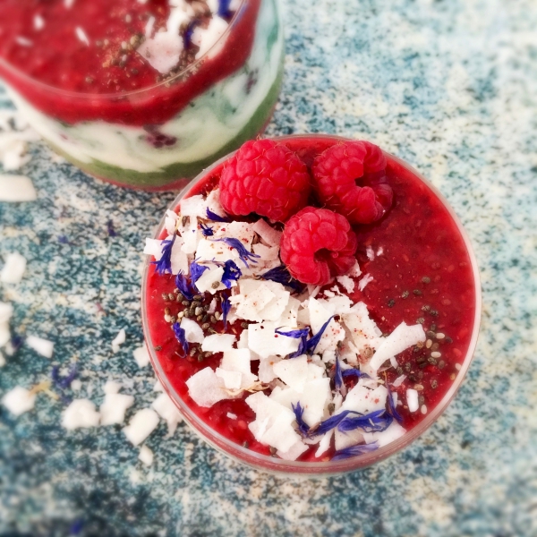 Healthy Breakfast Parfait | Banana Ice Cream, Raspberry Chia Pudding & Coconut Yogurt