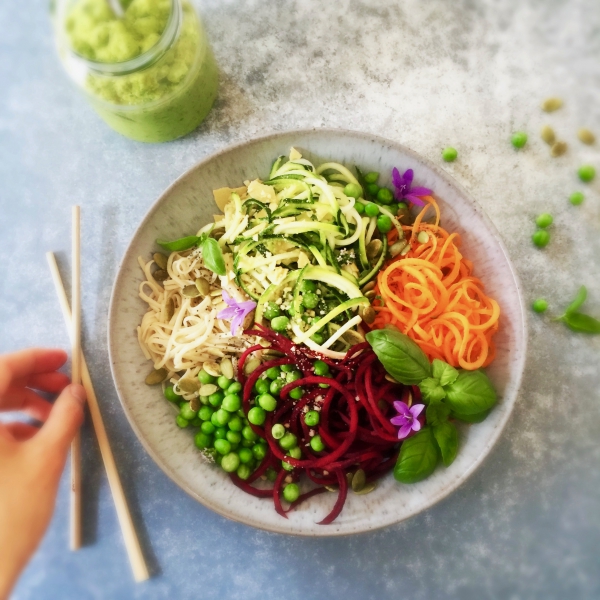 Rainbow Noodle Salad with Pesto | Spiralizer Recipe
