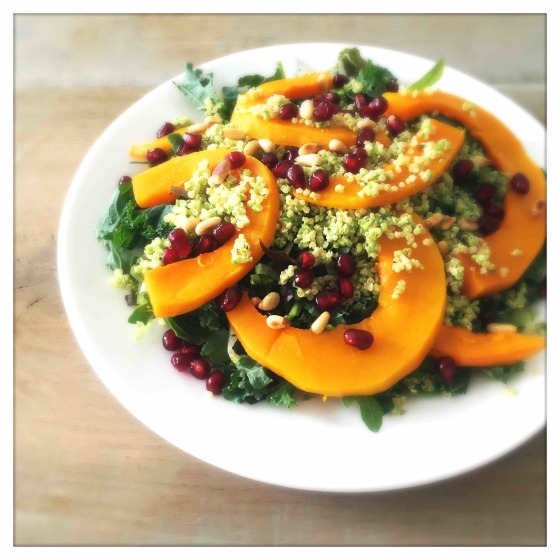 Roasted Pumpkin Quinoa Salad with Mint and Pea Pesto