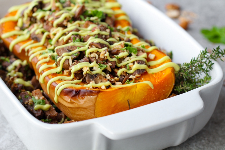 Roasted Butternut Squash with Mushroom Stuffing (Vegan Keto, Gluten Free, Low Carb, Paleo)