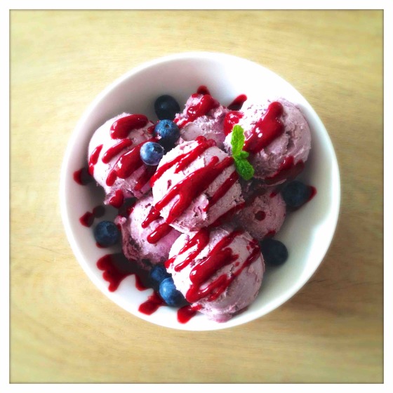 Strawberry Cheesecake Ice Cream with Blueberry Syrup